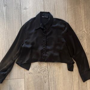 Zara Black Satin Button-Down Shirt